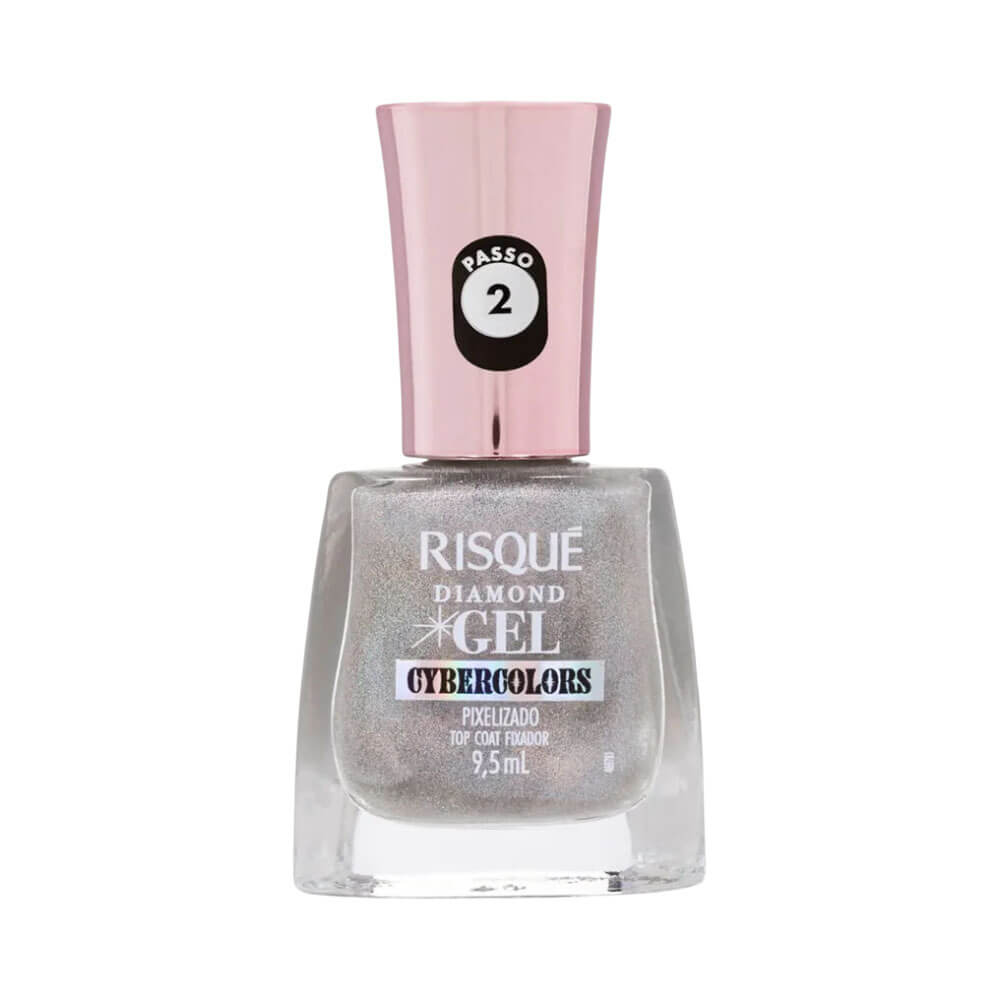 Frasco do Top Coat Fixador Risqué Diamond Gel Cybercolors Pixelizado com acabamento pixelizado prateado